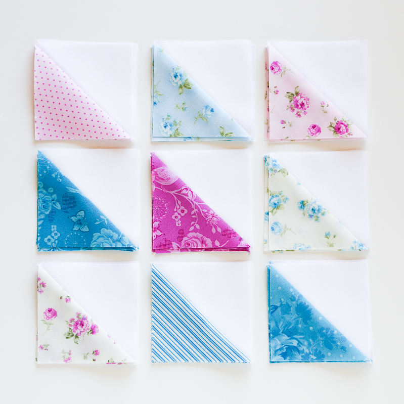 half square triangles, quilting with HST, HST quilt, mini charm squares quilt, eleanor burns quilt, quilts with diamonds, quilts for girls, mini quilts, floral mini quilts, purple quilts, blue quilts