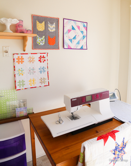 Sewing Room, mini quilts, mini quilt wall, cats on quilts, cat quilt, cloud 9 fabrics quilt, vintage quilt