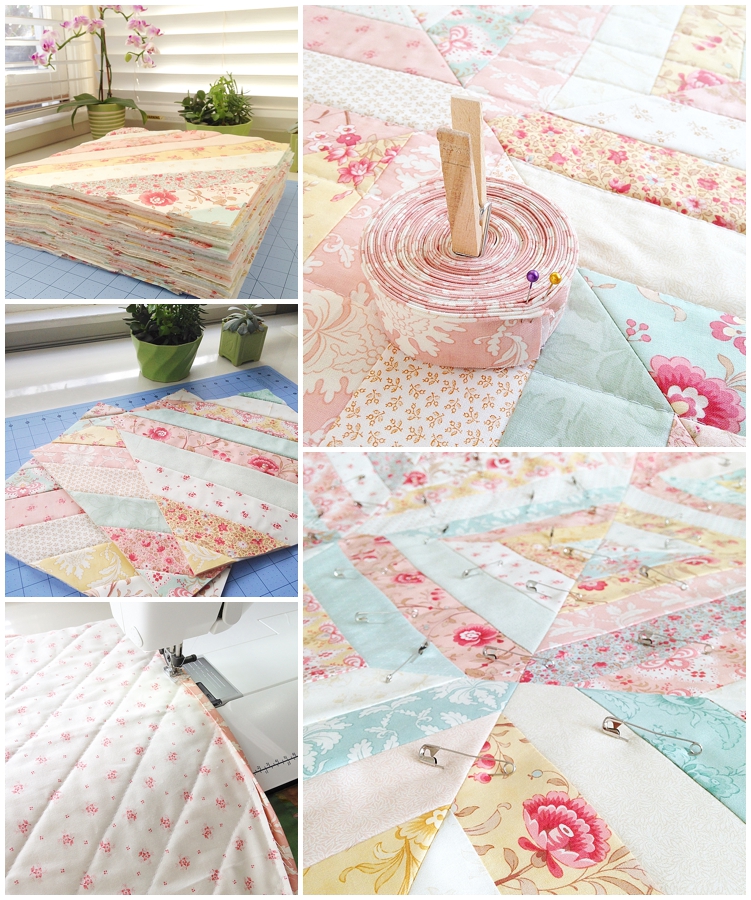 custom quilt, Printemps Quilt, Three Sisters quilt, jelly roll quilt, quilt with jelly strips, precut fabrics quilt, floral quilt, feminine quilt, quilts for girls, pink quilt, vintage quilt, antique quilt, quilt as you go, shirtings fabric quilt, quilt binding