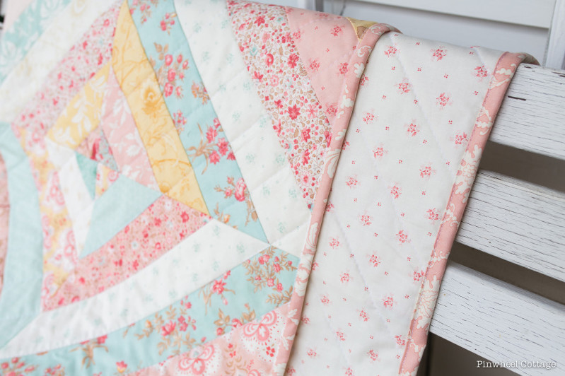 Printemps Quilt, Three Sisters quilt, jelly roll quilt, quilt with jelly strips, precut fabrics quilt, floral quilt, feminine quilt, quilts for girls, pink quilt, vintage quilt, antique quilt, quilt as you go, shirtings fabric quilt