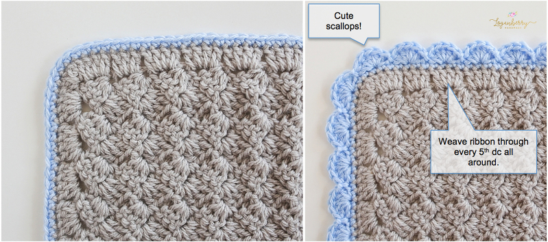 crochet baby blanket pattern, crochet afghan pattern, free crochet pattern, scallop edge baby blanket, how to crochet baby blanket, gray and blue baby blanket