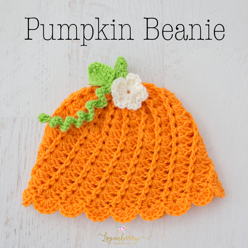 free crochet pattern & tutorial, crochet pumpkin beanie, how to crochet a pumpkin beanie hat, crochet halloween hat, crochet thanksgiving hat, crochet autumn hat, crochet pumpkin beanie and flower, pumpkin beanie tutorial, orange, green, and white beanie