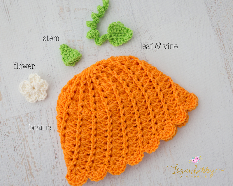 FREE CROCHET PATTERN & TUTORIAL, crochet pumpkin beanie, how to crochet a pumpkin beanie hat, crochet halloween hat, crochet thanksgiving hat, crochet autumn hat, crochet pumpkin beanie and flower, pumpkin beanie tutorial, orange, green, and white beanie