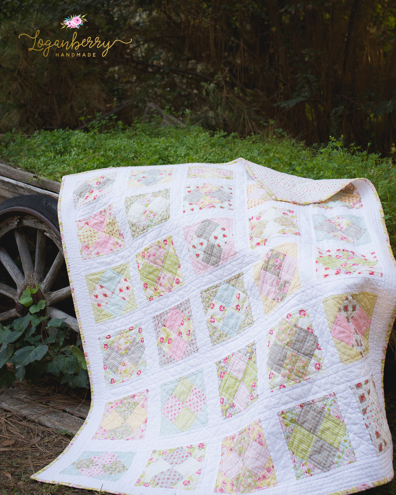 ambleside quilt, spring picnic quilt, layer cake quilt, floral quilts, quilts with flowers, 4-patch quilt, four patch quilts, traditional quilt pattern designs, feminine quilt