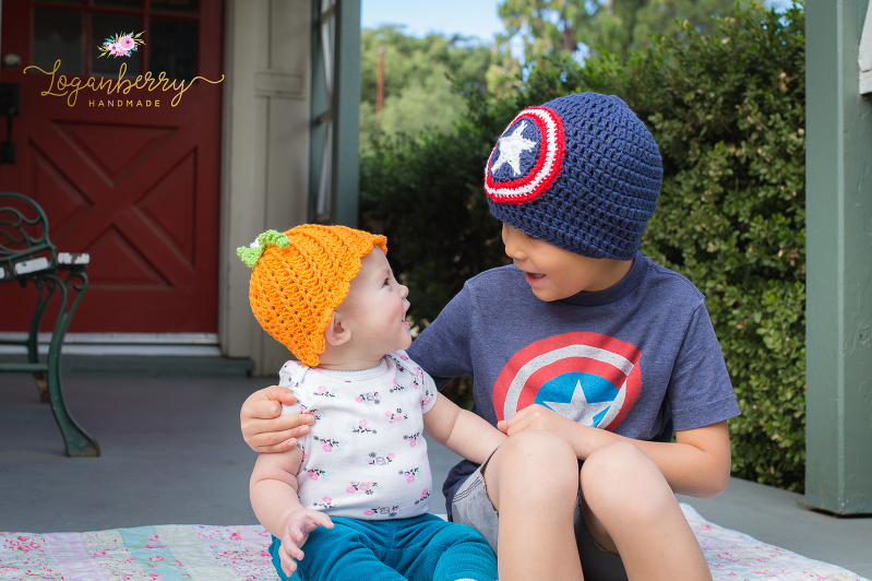 brother and sister photo shoot, pumpkin and captain america, sibling photography, crochet beanies