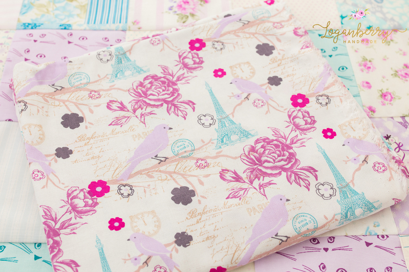 birds and paris fabric, blue and purple birds, quilt backing