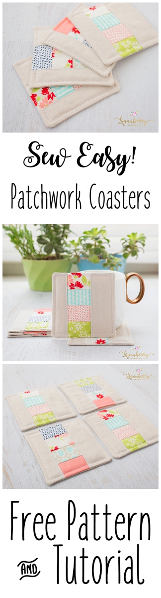 Fabric Coasters Sewing + Tutorial + Free Pattern, Patchwork Coasters, Linen Coasters, Zakka Sewing Projects, Sewing for the home, DIY Sewing Small, Mini Quilt Projects