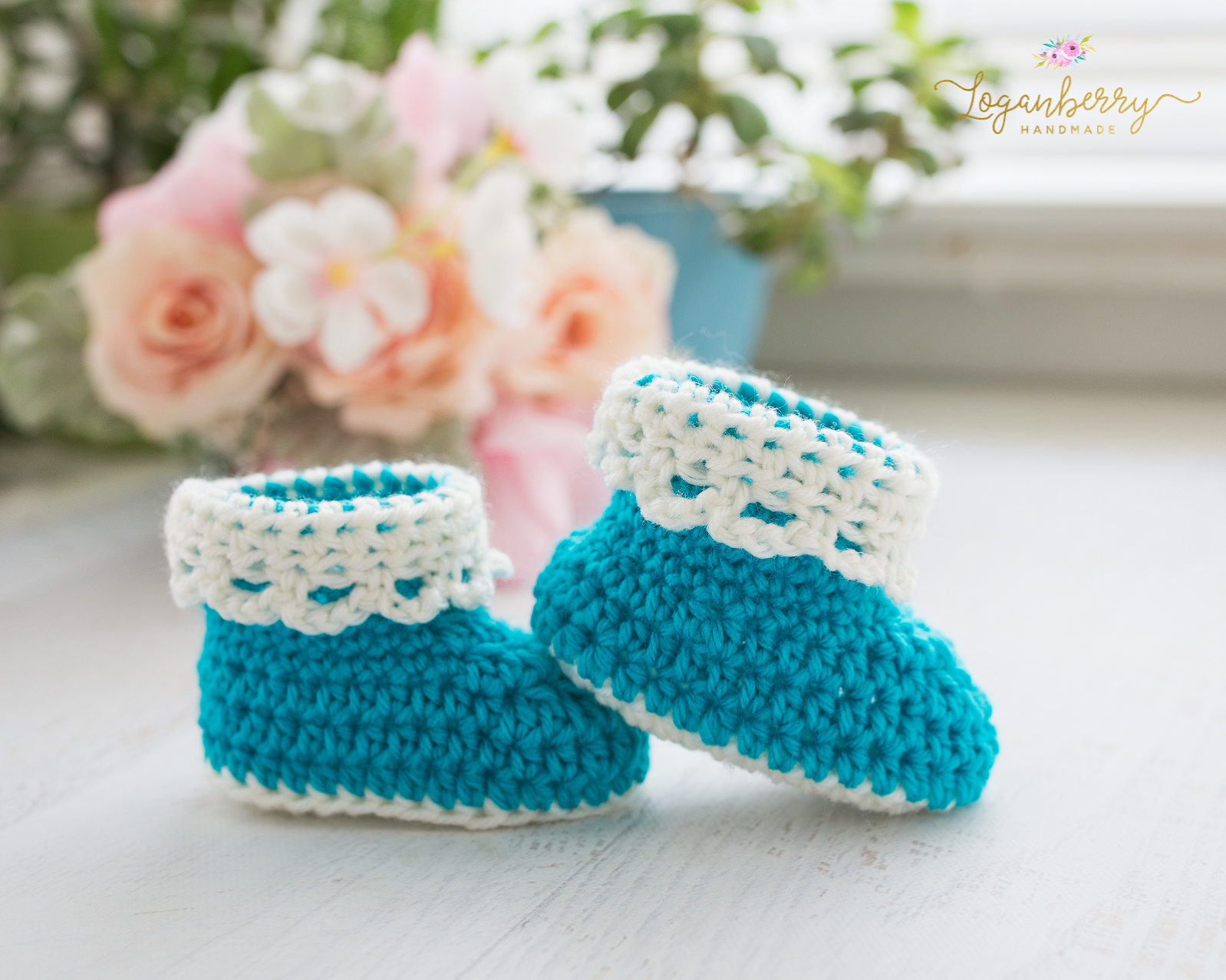 Handmade Crochet Baby Booties with Ribbon Lace and Button 
