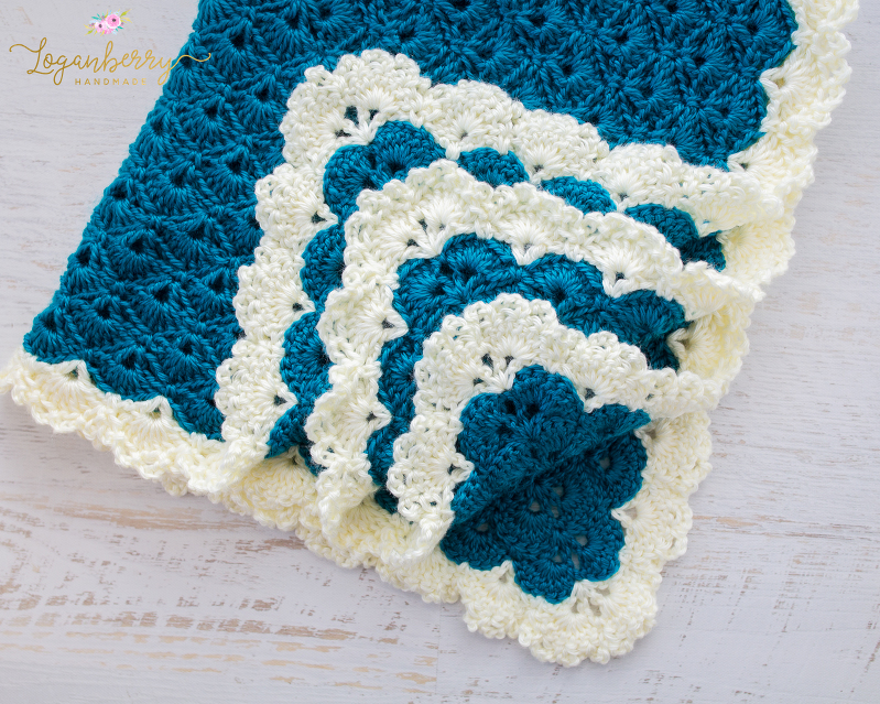 Antique Charm Crochet Blanket + Free Pattern + Tutorial, Crochet Baby Blanket Pattern, Crochet Shell Stitch Blanket Pattern, Fantail Pattern, Lace Trim Blanket Pattern, Lace Border, Victorian Style Baby Blanket, Teal Blue Blanket