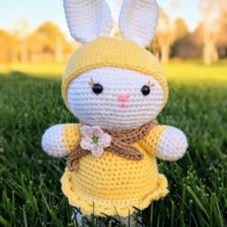 Amigurumi Crochet Bunny Rabbit + Free Pattern + Tutorial, handmade bunny, yellow dress, flower scarf