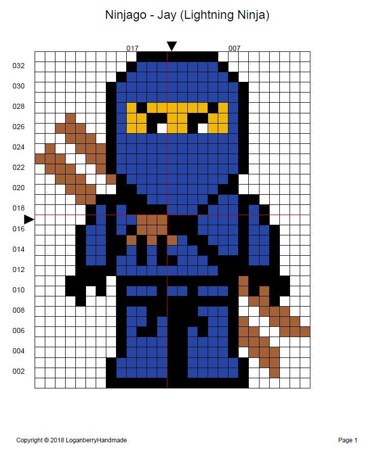 Ninjago Cross Stitch Pattern + Free, Jay Lightning Ninja, Blue Ninja, lego movie, perler bead pattern, knitting chart, c2c chart, cross-stitch