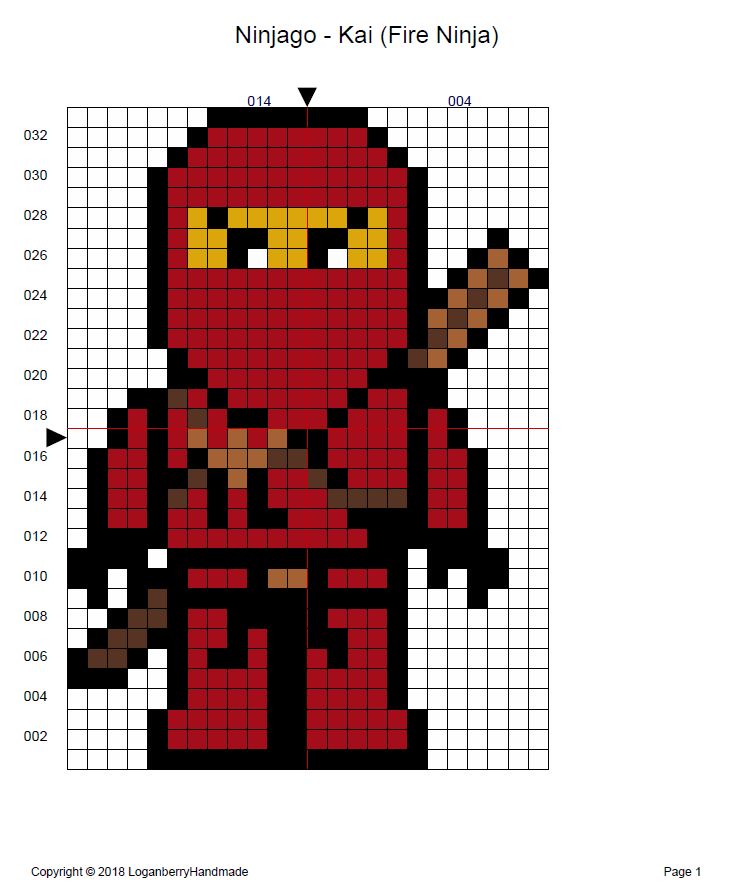 Ninjago Cross Stitch Pattern + Free, Kai Fire Ninja, Red Ninja, lego movie, perler bead pattern, knitting chart, c2c chart, cross-stitch