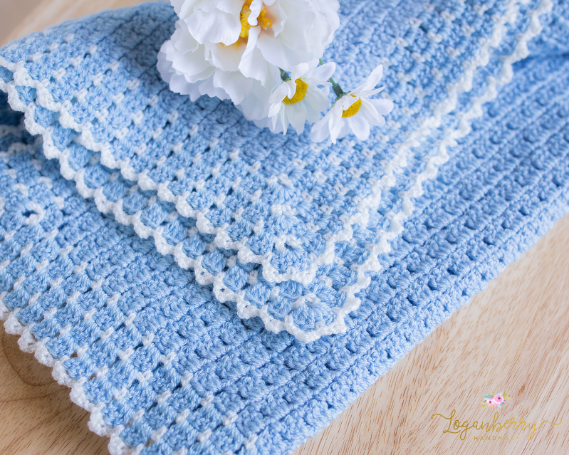 Heirloom Baby Blanket, Soft Blue & Cream, Crochet Pattern, Blanket Pattern, Crochet Gift for Baby Boy, Picot Edging, Scallop Trim, Baby Shower Gift for Boy, Crochet Boy Blanket, Block Stitch