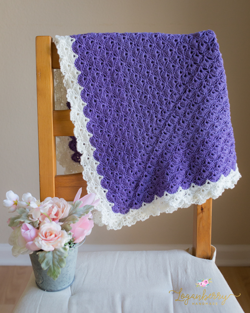 Antique Charm Crochet Blanket, Free Crochet Pattern, Crochet Blanket Purple, Purple and Cream, Fantail Stitch, Fantail Shell Stitch, Crochet Shells, Shell Granny Square, Crochet Blanket Lace Trim