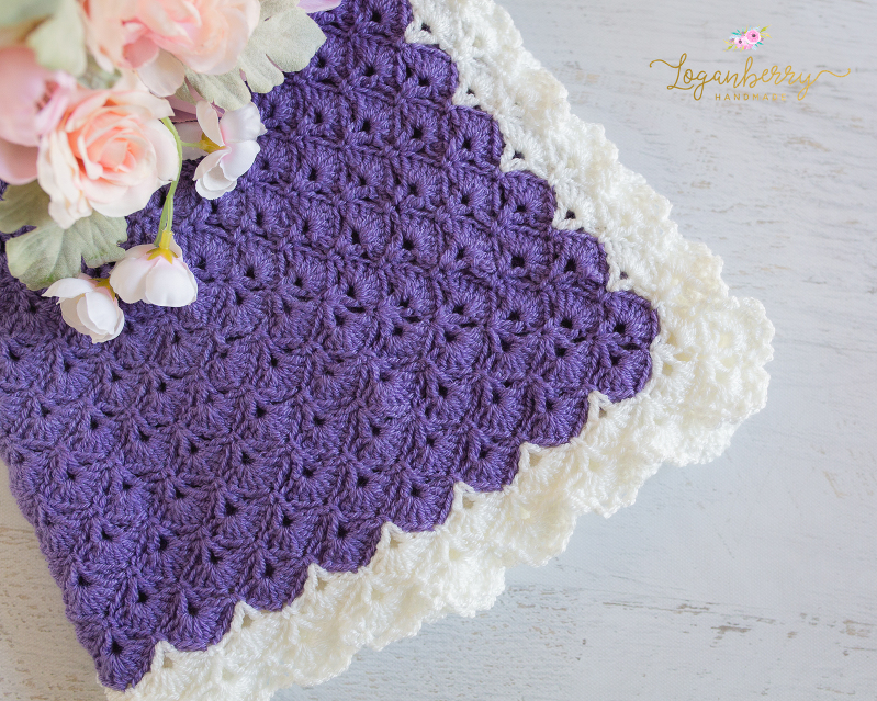 Antique Charm Crochet Blanket, Free Crochet Pattern, Crochet Blanket Purple, Purple and Cream, Fantail Stitch, Fantail Shell Stitch, Crochet Shells, Shell Granny Square, Crochet Blanket Lace Trim
