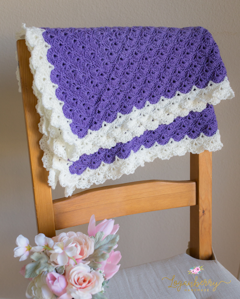 Antique Charm Crochet Blanket, Free Crochet Pattern, Crochet Blanket Purple, Purple and Cream, Fantail Stitch, Fantail Shell Stitch, Crochet Shells, Shell Granny Square, Crochet Blanket Lace Trim