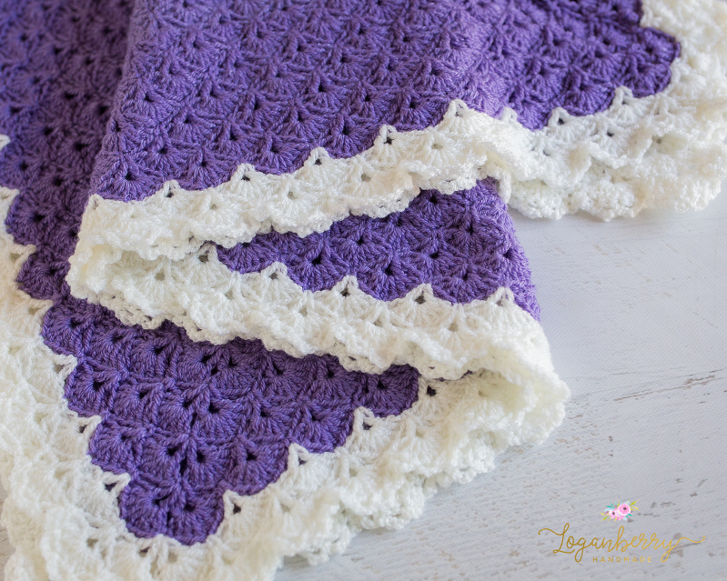 Antique Charm Crochet Blanket, Free Crochet Pattern, Crochet Blanket Purple, Purple and Cream, Fantail Stitch, Fantail Shell Stitch, Crochet Shells, Shell Granny Square, Crochet Blanket Lace Trim