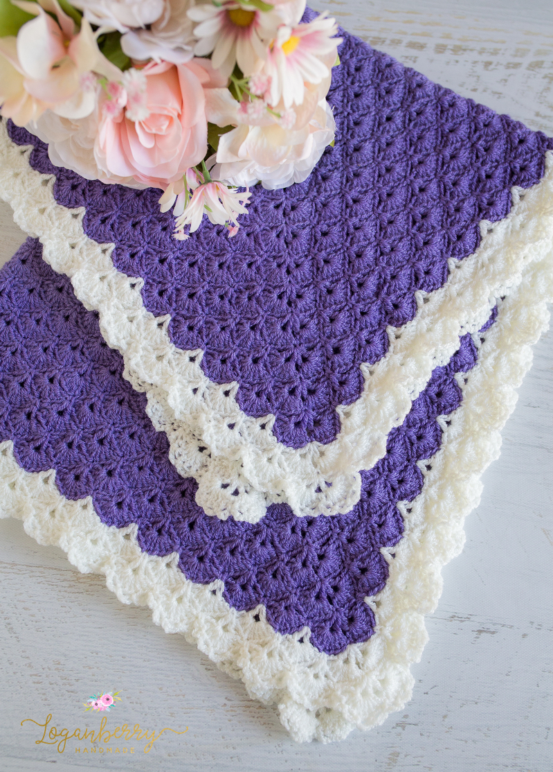 Antique Charm Crochet Blanket, Free Crochet Pattern, Crochet Blanket Purple, Purple and Cream, Fantail Stitch, Fantail Shell Stitch, Crochet Shells, Shell Granny Square, Crochet Blanket Lace Trim