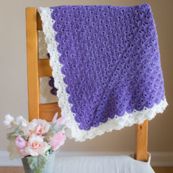 Antique Charm Crochet Blanket, Free Crochet Pattern, Crochet Blanket Purple, Purple and Cream, Fantail Stitch, Fantail Shell Stitch, Crochet Shells, Shell Granny Square, Crochet Blanket Lace Trim