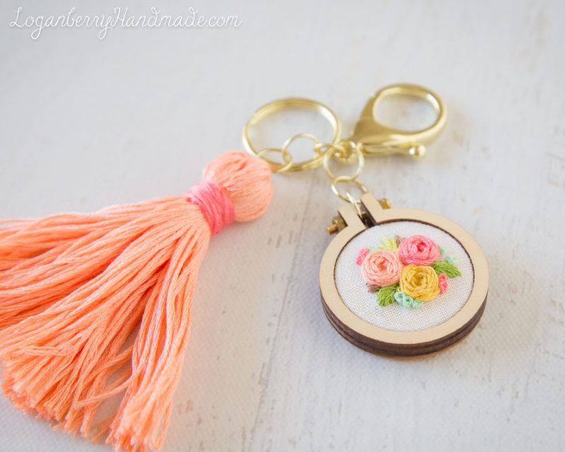 Embroidered Tassel Keychain + Roses + Flowers, Mini Embroidery Hoop, Keychain with Tassel, DIY, Embroidered Roses, Handmade Keychain Gift