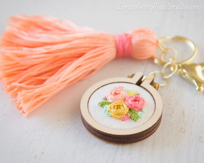 Embroidered Tassel Keychain + Roses + Flowers, Mini Embroidery Hoop, Keychain with Tassel, DIY, Embroidered Roses, Handmade Keychain Gift