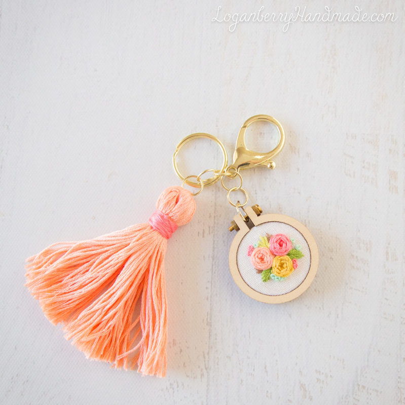 Embroidered Tassel Keychain + Roses + Flowers, Mini Embroidery Hoop, Keychain with Tassel, DIY, Embroidered Roses, Handmade Keychain Gift