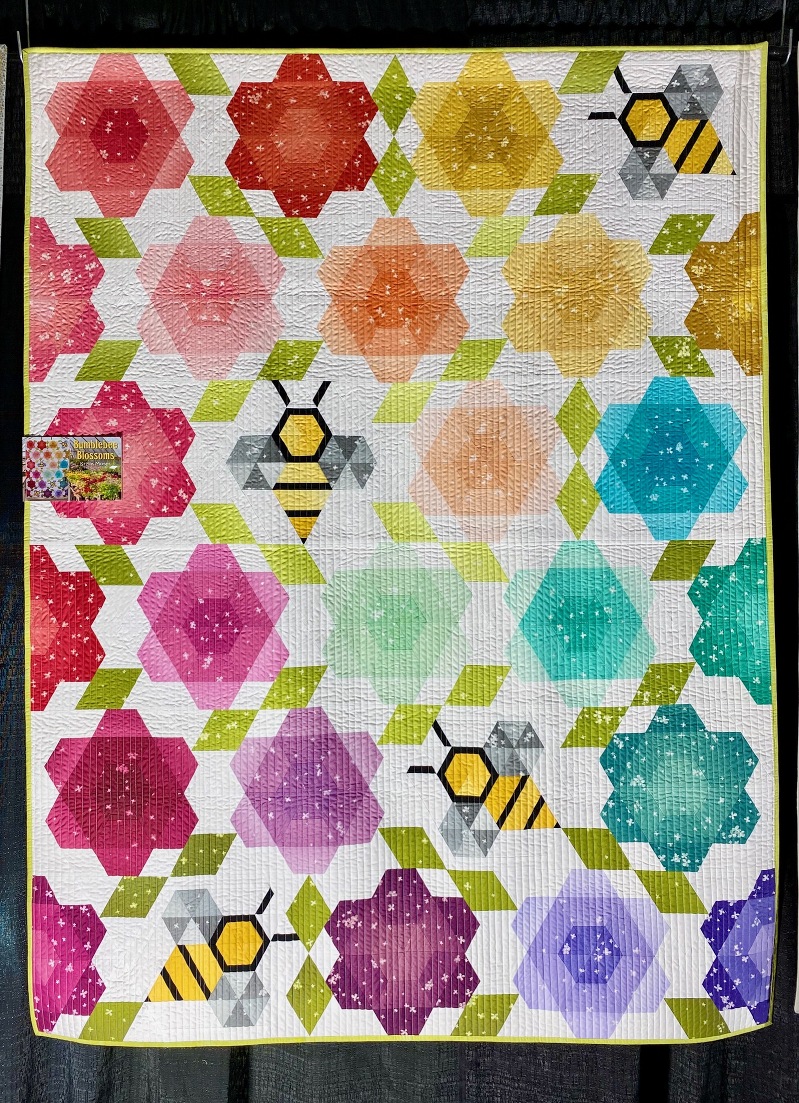 bees + blossoms quilt, flowers, hexagon, modern quilts